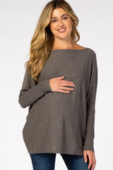 Grey Soft Knit Boatneck Dolman Sleeve Maternity Sweater