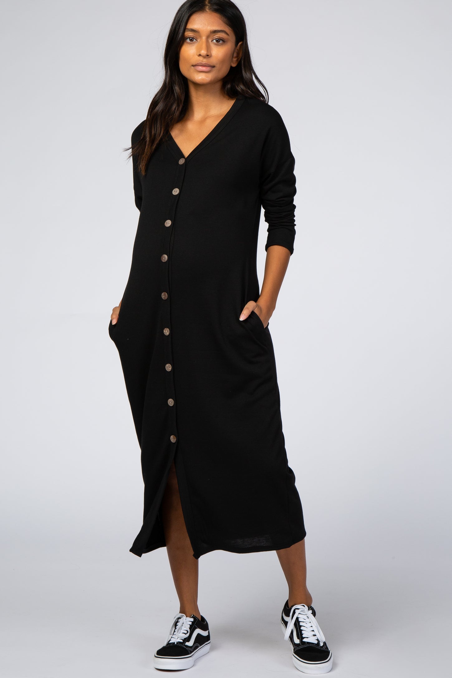 Black Button Down Long Sleeve Maternity Midi Dress