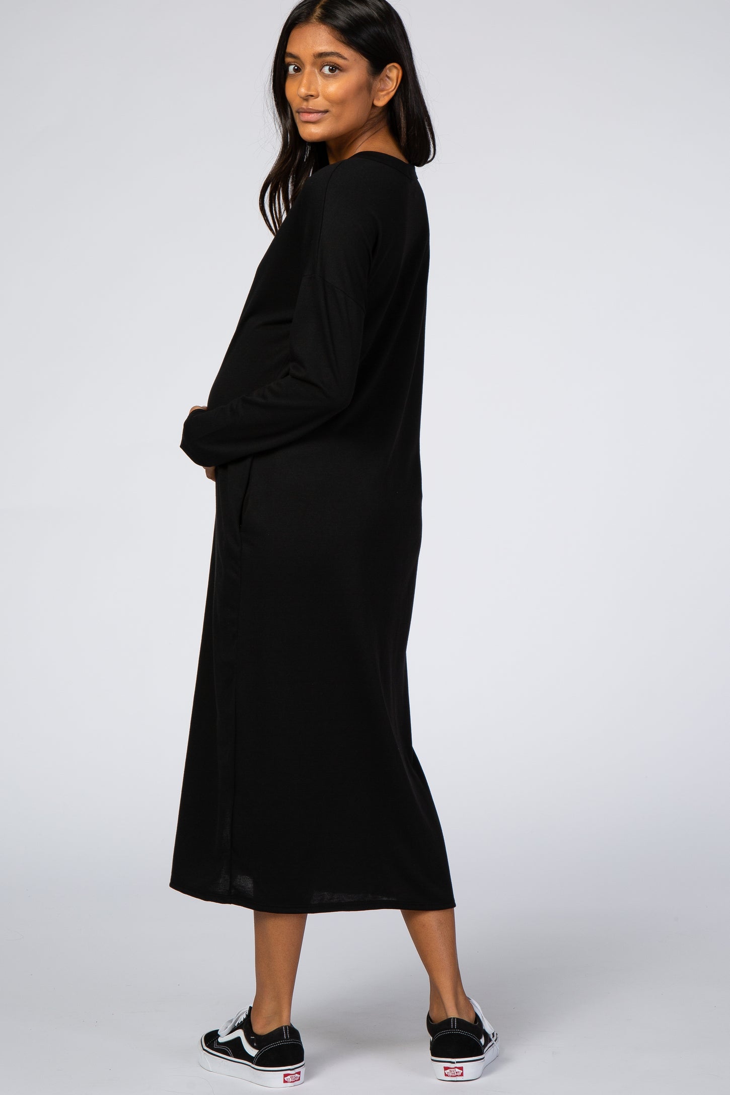 Black Button Down Long Sleeve Maternity Midi Dress