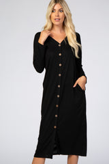 Black Button Down Long Sleeve Midi Dress