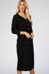Black Button Down Long Sleeve Midi Dress