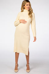 Cream Long Sleeve Turtleneck Maternity Sweater Dress