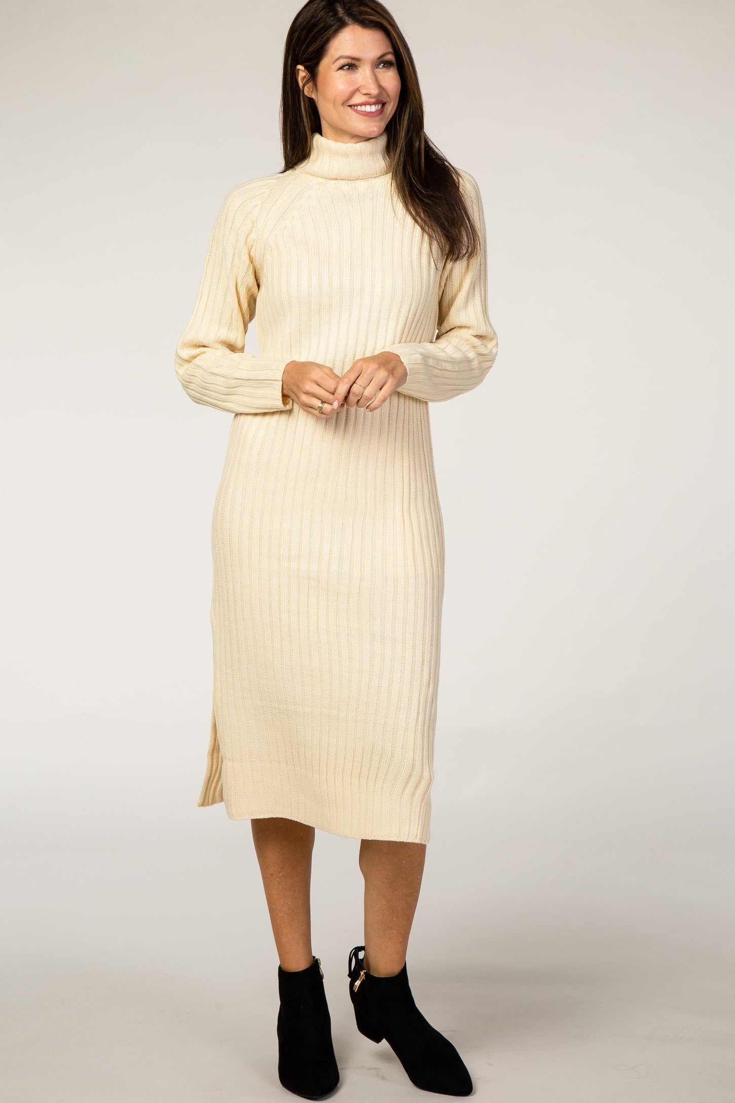 Cream Long Sleeve Turtleneck Maternity Sweater Dress