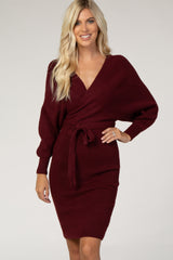 Burgundy Ribbed Fitted Wrap Front Dress