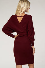 Burgundy Ribbed Fitted Wrap Front Dress