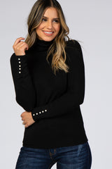 Black Turtleneck Pearl Button Sleeve Maternity Sweater