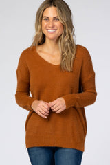 Camel Fuzzy Knit V-Neck Maternity Sweater