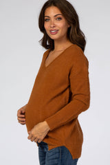 Camel Fuzzy Knit V-Neck Maternity Sweater