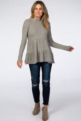 Taupe Soft Ribbed Tiered Mock Neck Top