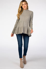 Taupe Soft Ribbed Tiered Mock Neck Maternity Top