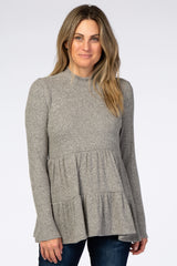 Taupe Soft Ribbed Tiered Mock Neck Top