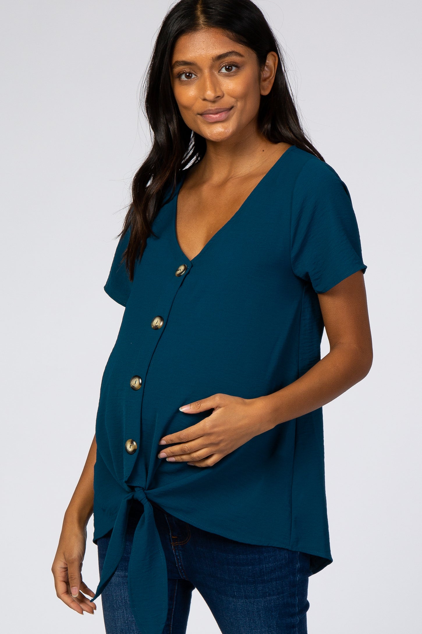 Teal Button Tie Front Maternity Top