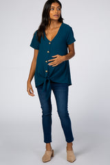 Teal Button Tie Front Maternity Top