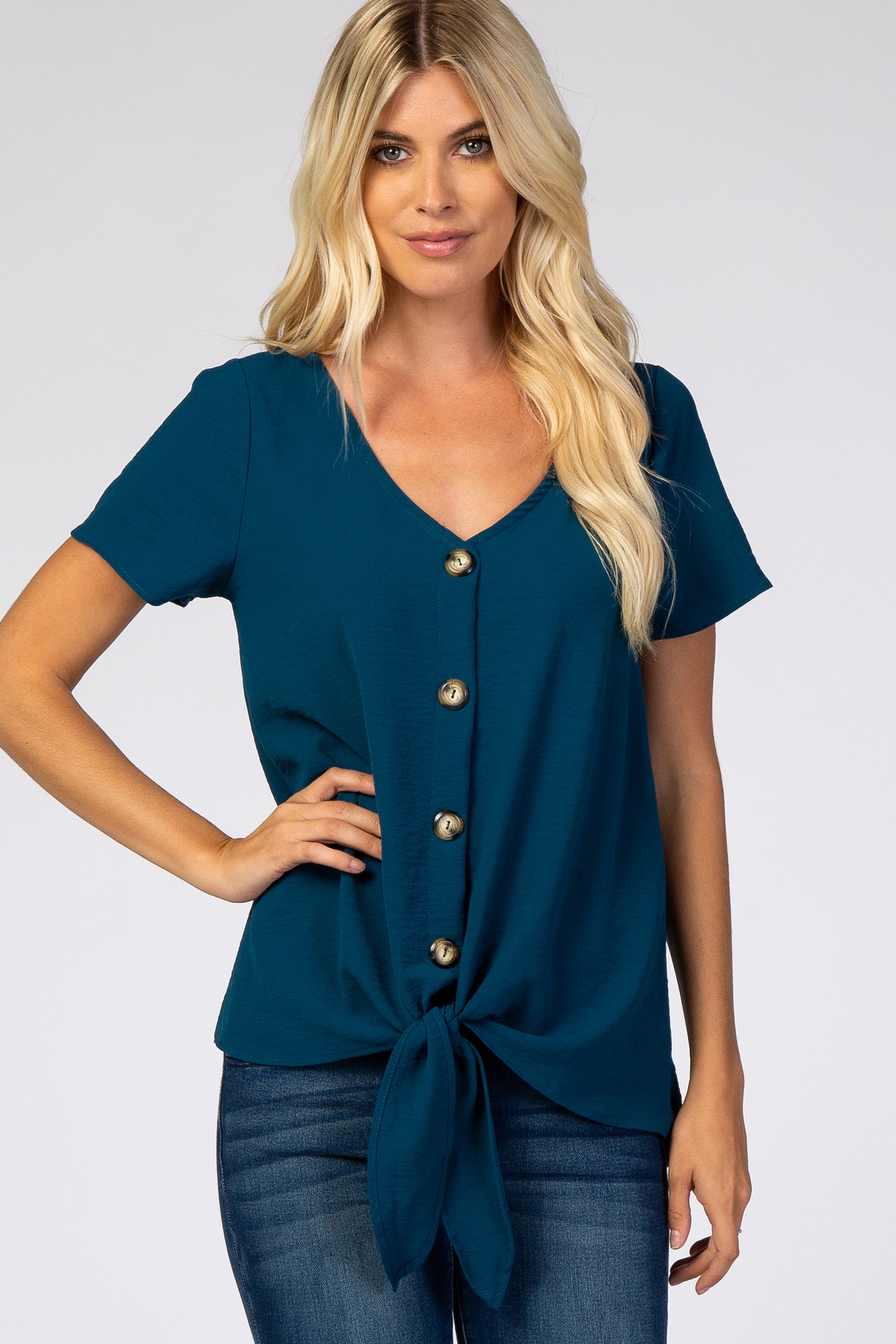 Teal Button Tie Front Top– PinkBlush