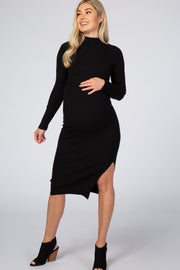 Black Ribbed Fitted Mock Neck Long Sleeve Maternity Midi Dress