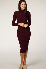 Burgundy Ribbed Fitted Mock Neck Long Sleeve Midi Dress