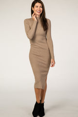 Taupe Ribbed Fitted Mock Neck Long Sleeve Midi Dress