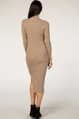 Taupe Ribbed Fitted Mock Neck Long Sleeve Midi Dress