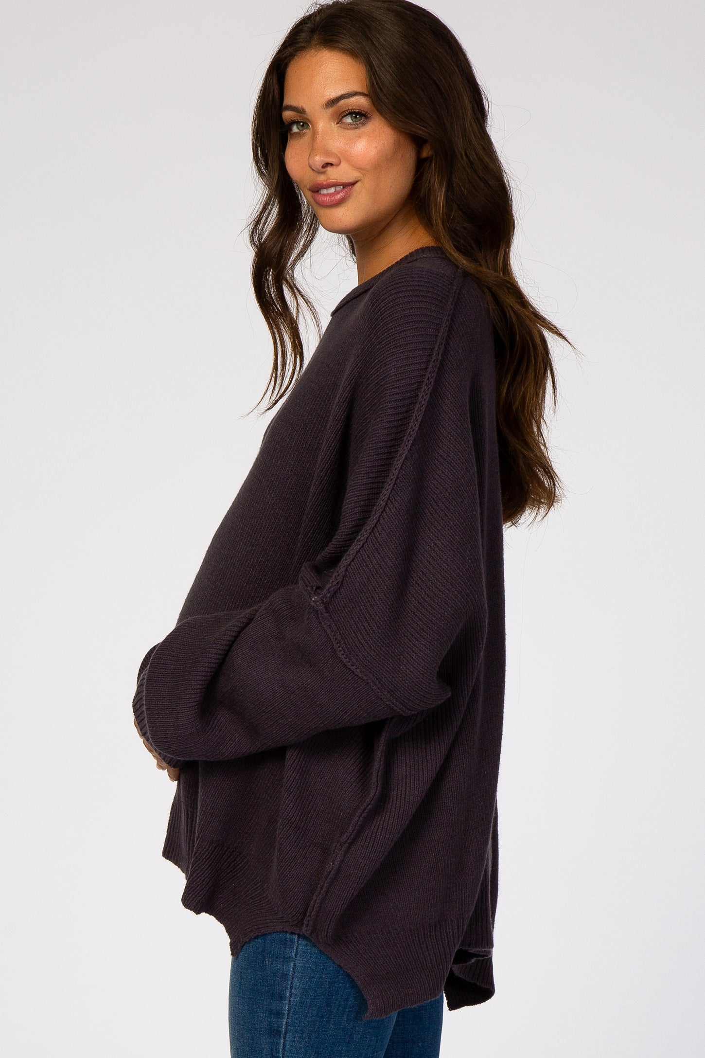 Charcoal Loose Knit Side Slit Maternity Sweater