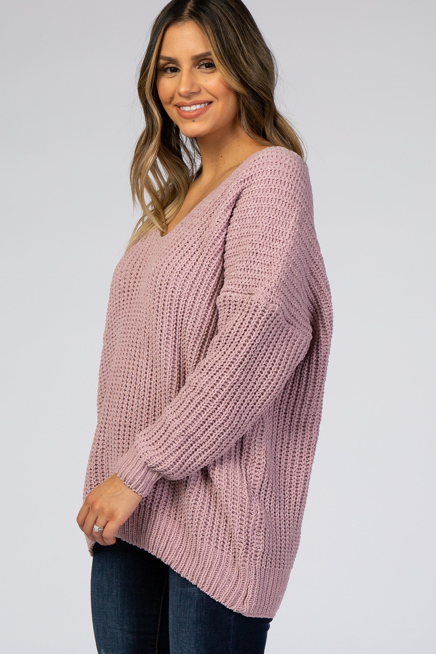 Mauve Soft Knit V-Neck Sweater