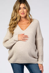 Beige Soft Knit V-Neck Maternity Sweater