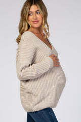 Beige Soft Knit V-Neck Maternity Sweater