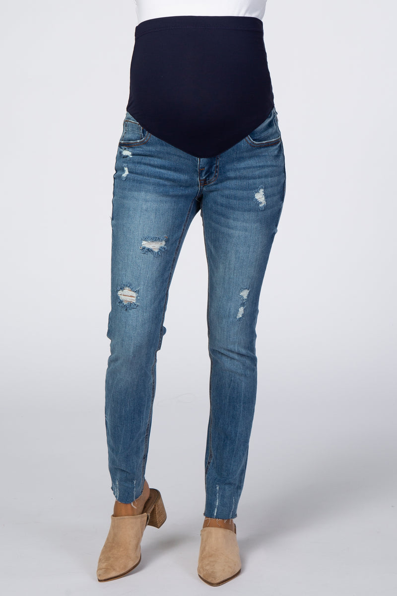 Blue Distressed Raw Hem Maternity Skinny Jeans– PinkBlush