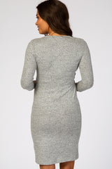Heather Grey Brushed Knit Wrap Fitted Maternity/Nursing Dress