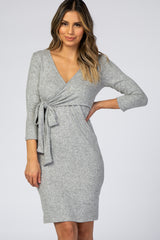 Heather Grey Brushed Knit Wrap Fitted Maternity/Nursing Dress