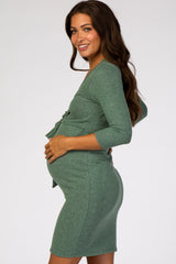 Green Brushed Knit Wrap Fitted Maternity/Nursing Dress