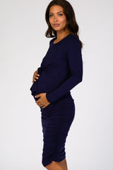 Navy Blue Ruched Fitted Front Bow Maternity/Nursing Dress