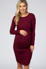 Burgundy Ruched Fitted Front Bow Maternity/Nursing Dress