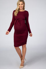 Burgundy Ruched Fitted Front Bow Maternity/Nursing Dress