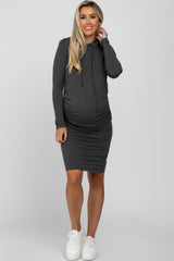Charcoal Ruched Hooded Maternity Dress