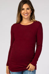 Burgundy Soft Knit Button Shoulder Ruched Side Maternity Top