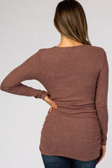 Mauve Soft Knit Button Shoulder Ruched Side Maternity Top