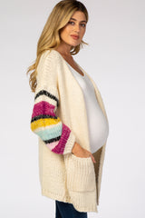 Ivory Thick Knit Striped Bubble Sleeve Maternity Cardigan