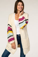 Ivory Thick Knit Striped Bubble Sleeve Cardigan