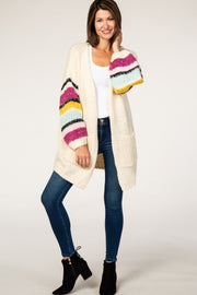 Ivory Thick Knit Striped Bubble Sleeve Cardigan
