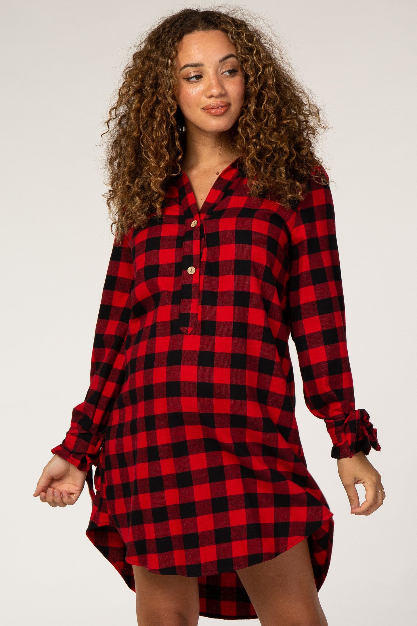 Red Checkered Long Sleeve Maternity Shirt Dress