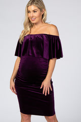 Purple Velvet Off Shoulder Fitted Maternity Dress