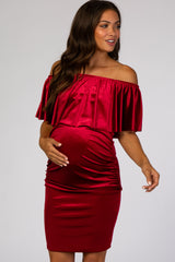 Red Velvet Off Shoulder Fitted Maternity Dress