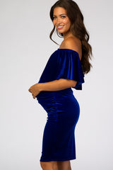 Royal Blue Velvet Off Shoulder Fitted Maternity Dress