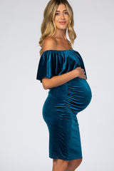 Teal Velvet Off Shoulder Fitted Maternity Dress