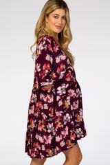 Burgundy Floral Lace V-Neck Bell Sleeve Maternity Dress