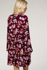 Burgundy Floral Lace V-Neck Bell Sleeve Dress