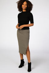Olive Ribbed Side Slit Maternity Midi Skirt