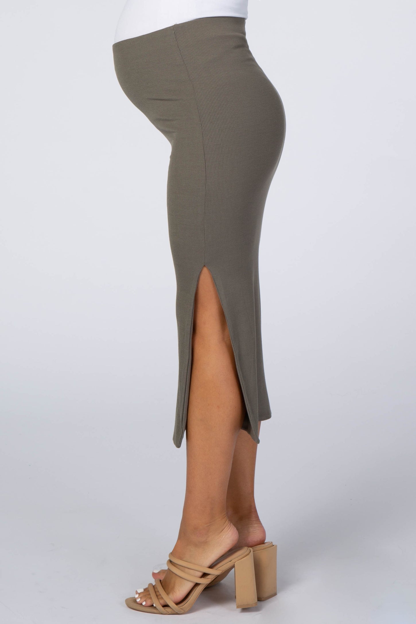 Olive Ribbed Side Slit Maternity Midi Skirt