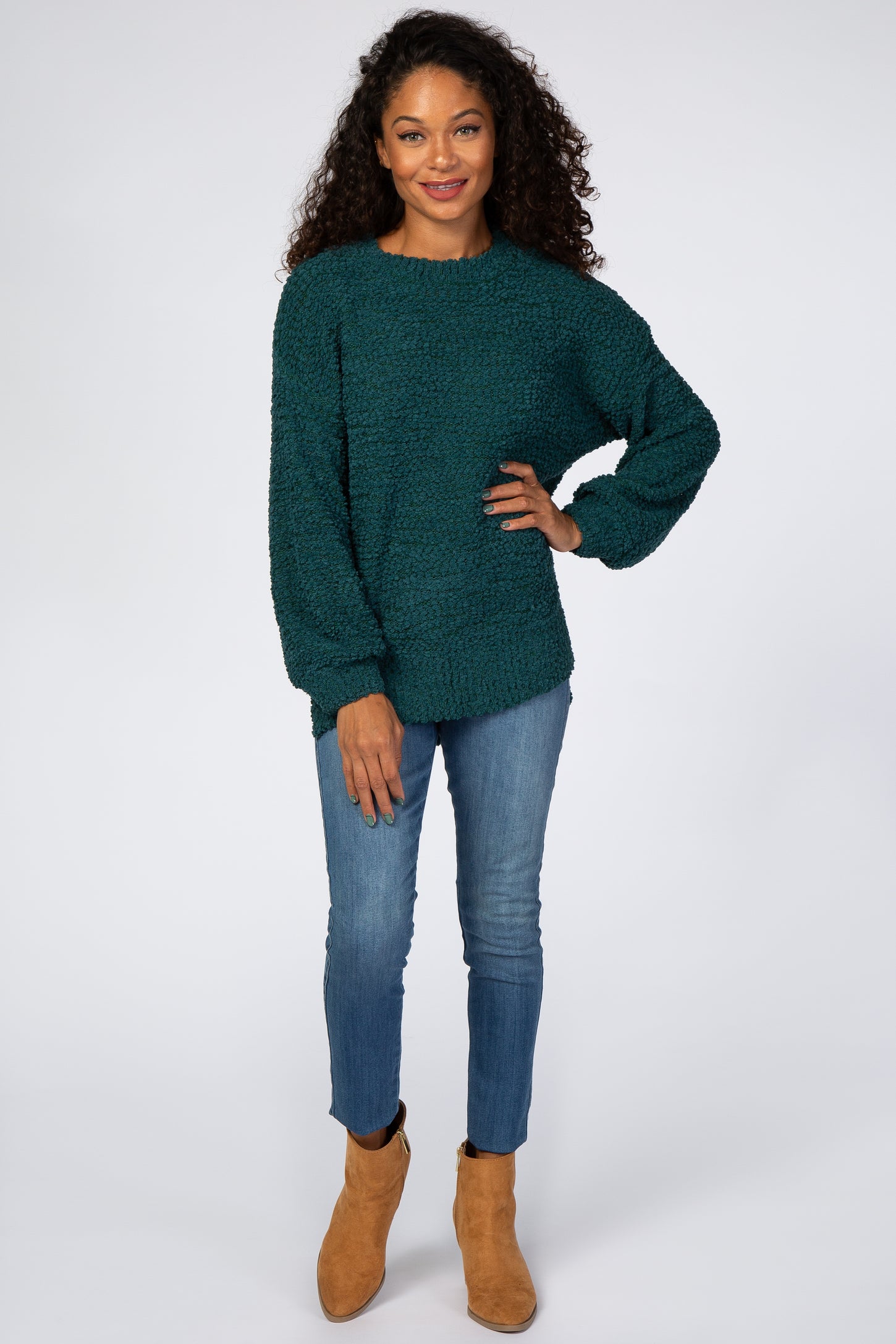 Forest Green Popcorn Knit Bubble Sleeve Sweater – PinkBlush