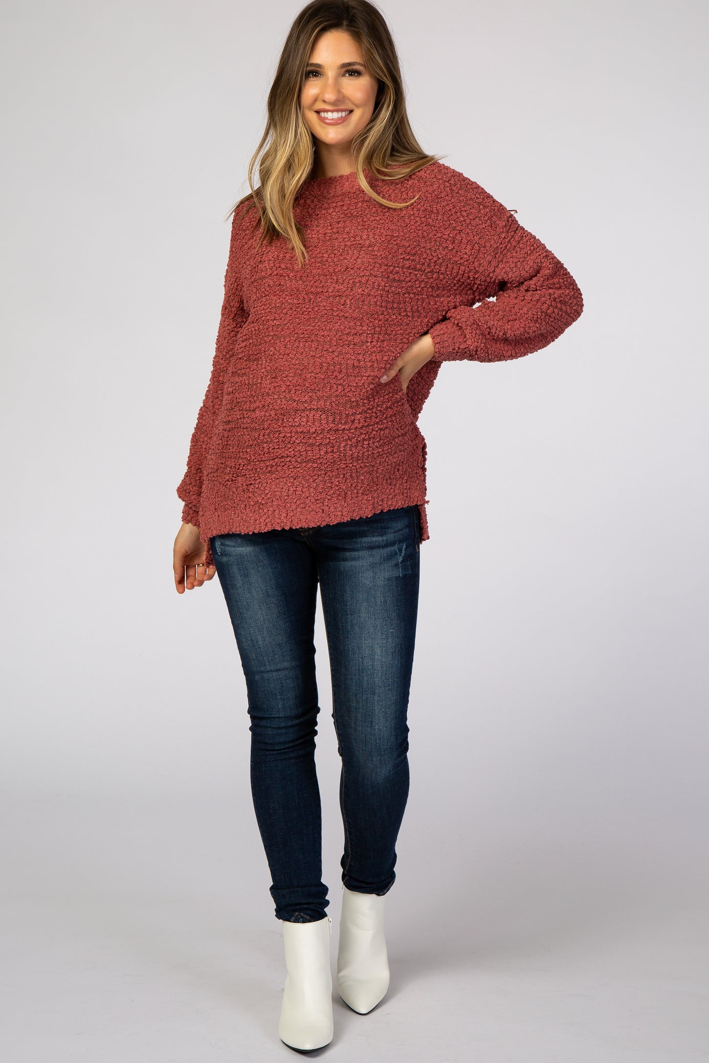 Mauve Popcorn Knit Bubble Sleeve Maternity Sweater– PinkBlush